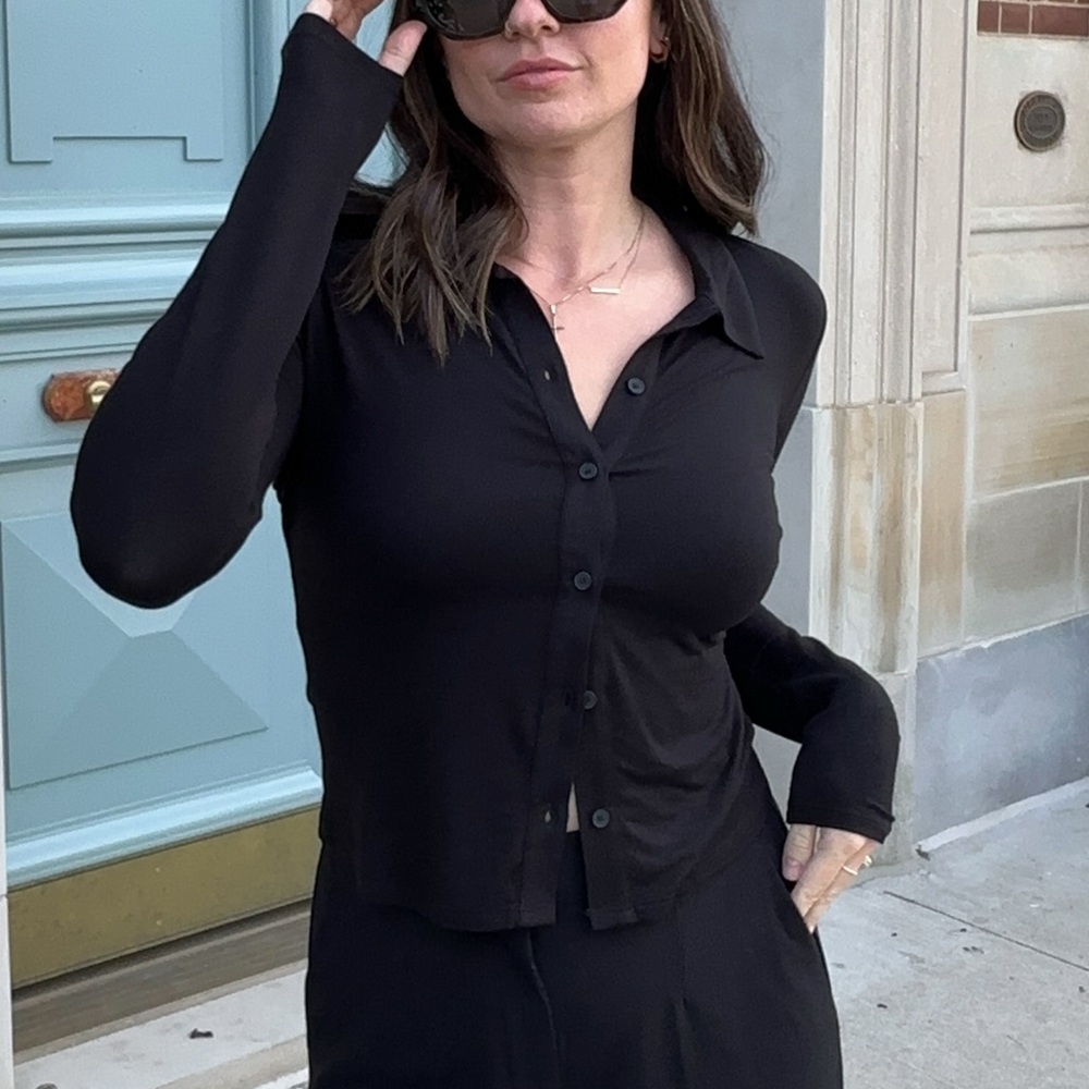 gentle fawn black button down top